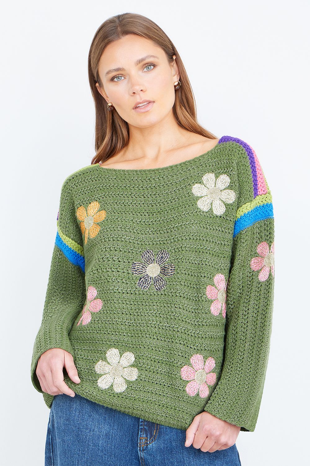 Yumi Green Crochet Flower Jumper