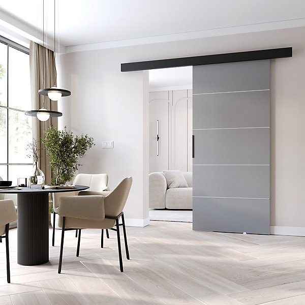 MINIO go for it, porte coulissante PRIM B 86 cm , bandes décoratives - argent, poignée noire, Gris / Noir