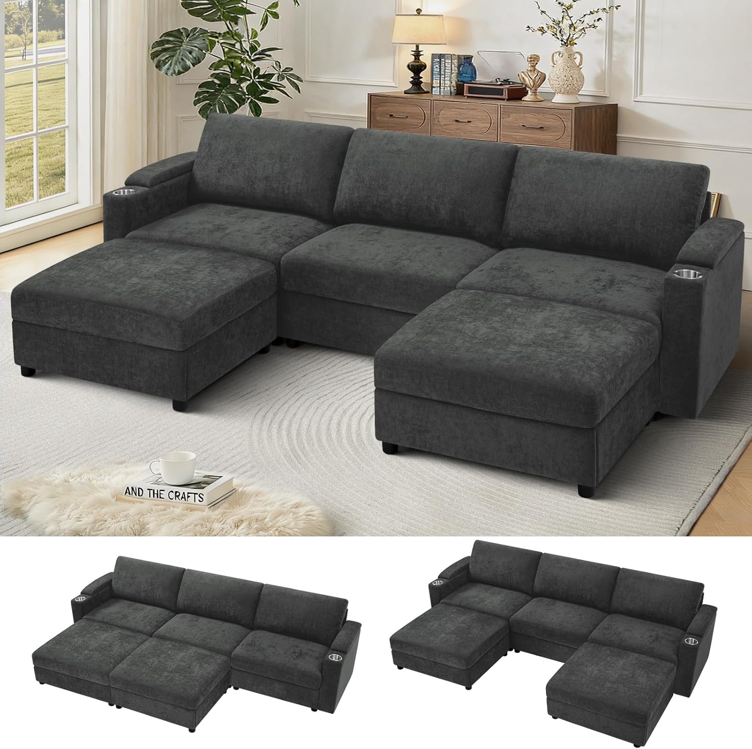 108'' Chenille Sectional Couch with Storage Armrests,U Shaped Upholstered Sofa with 2 Movable Ottomans, 5-Seat Modular Couch with Cup Holders for Living Room, Grey