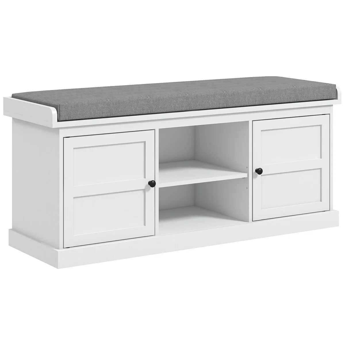 HOMCOM White Shoe Storage Bench with Padded Seat, 2 Cabinets and Adjustable Shelf