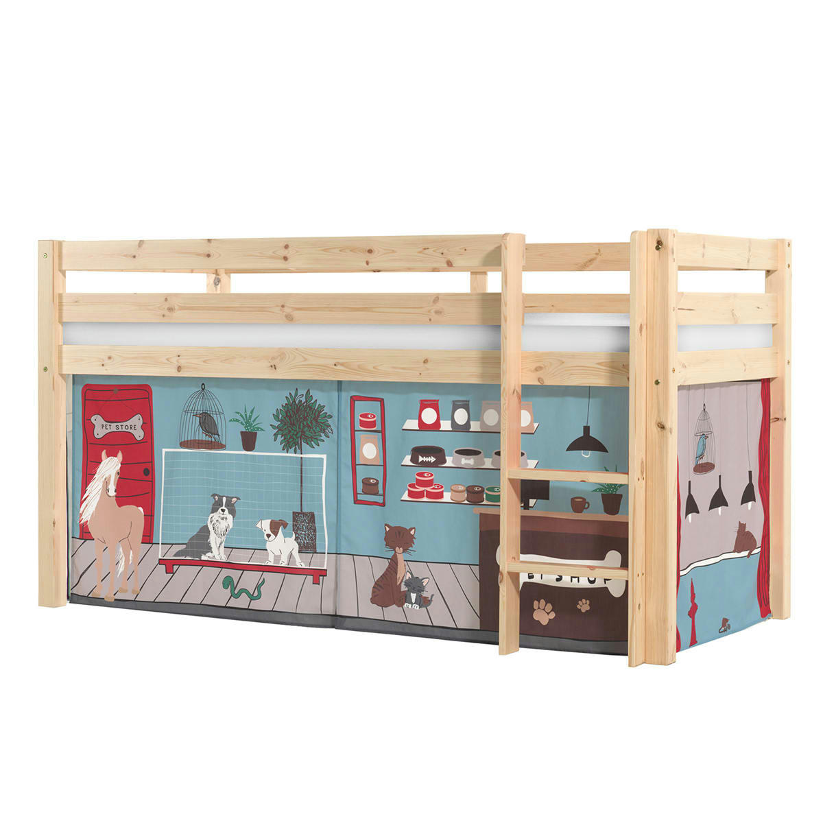 PINO - Lit mi-hauteur 90x200 sommier inclus housse pet shop naturel