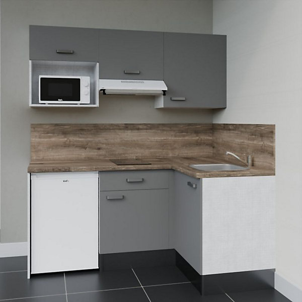 Kitchenette KA03 façades Gris - Plan de travail Bois - Crédences : Oui - Evier inox - Electroménager Blanc inclus