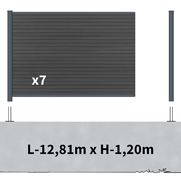 Kit Clôture Composite sur Muret SANTOS Ardoise 13x1,2m - Bois composite &Aluminium - Poteaux sur Platines Gris - Brise vue