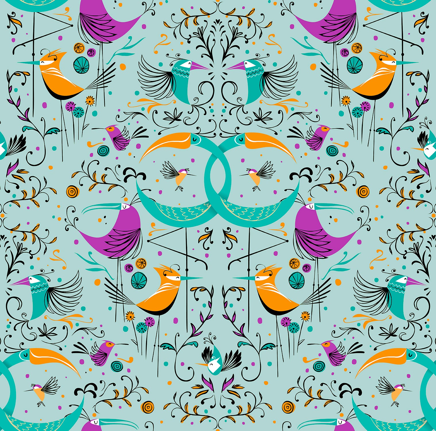 Walls4You behang vogels turquoise, oranje en paars - 53 cm x 10 m - 640128