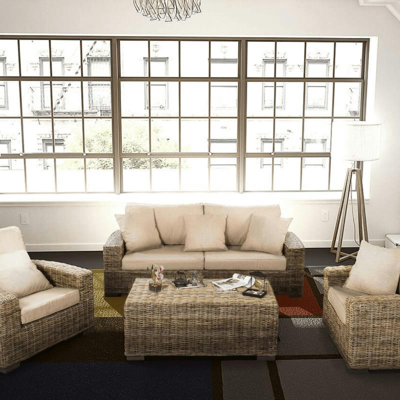 TREVISE - Salon 5 places complet en rotin tressé beige