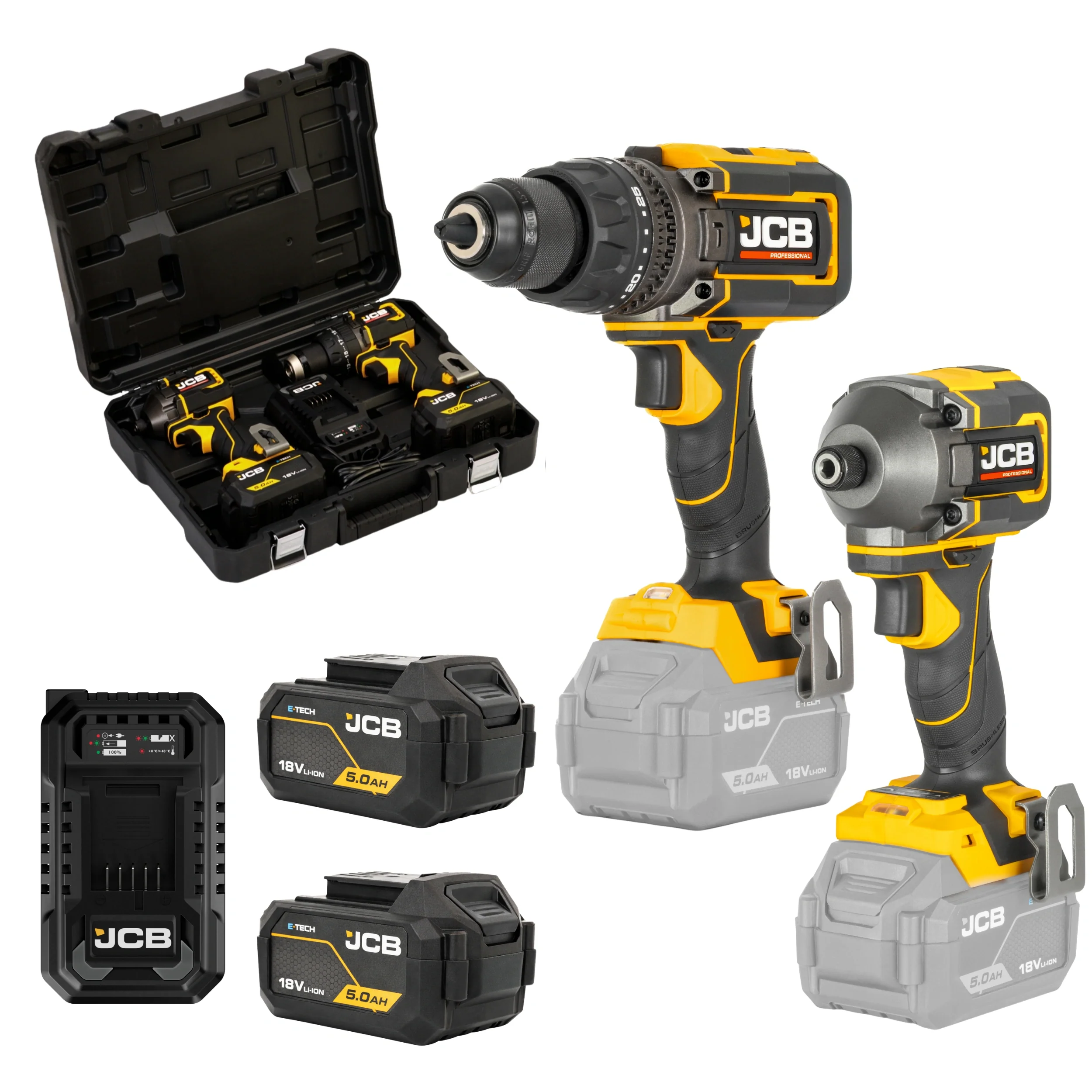 JCB Professional 18V Zestaw: Wiertarko-wkrętarka Udarowa 160Nm, Zakrętarka 230Nm, 2x 5.0Ah, Ładowarka