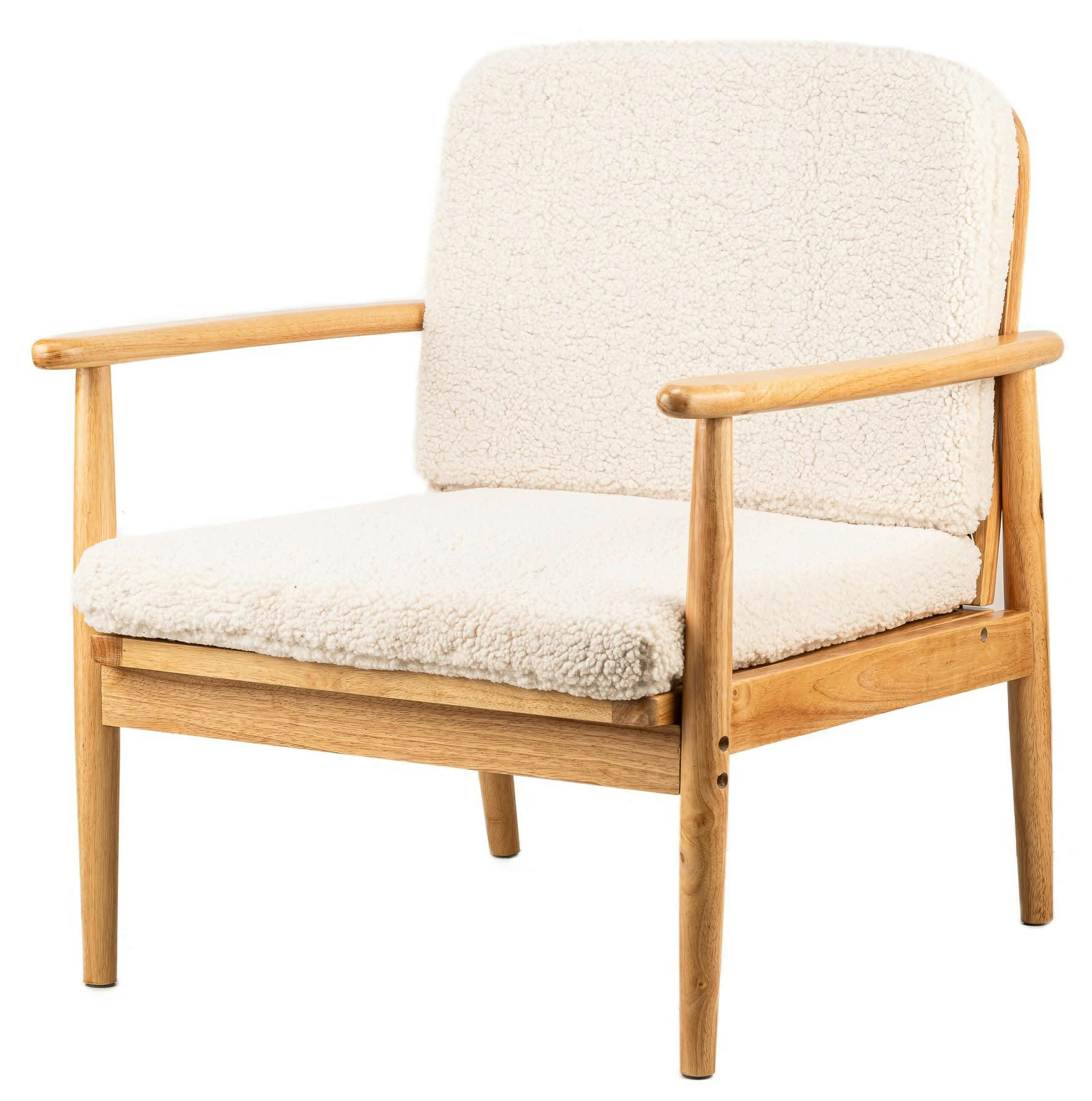 - Fauteuil de salon en bois massif et bouclettes blanches