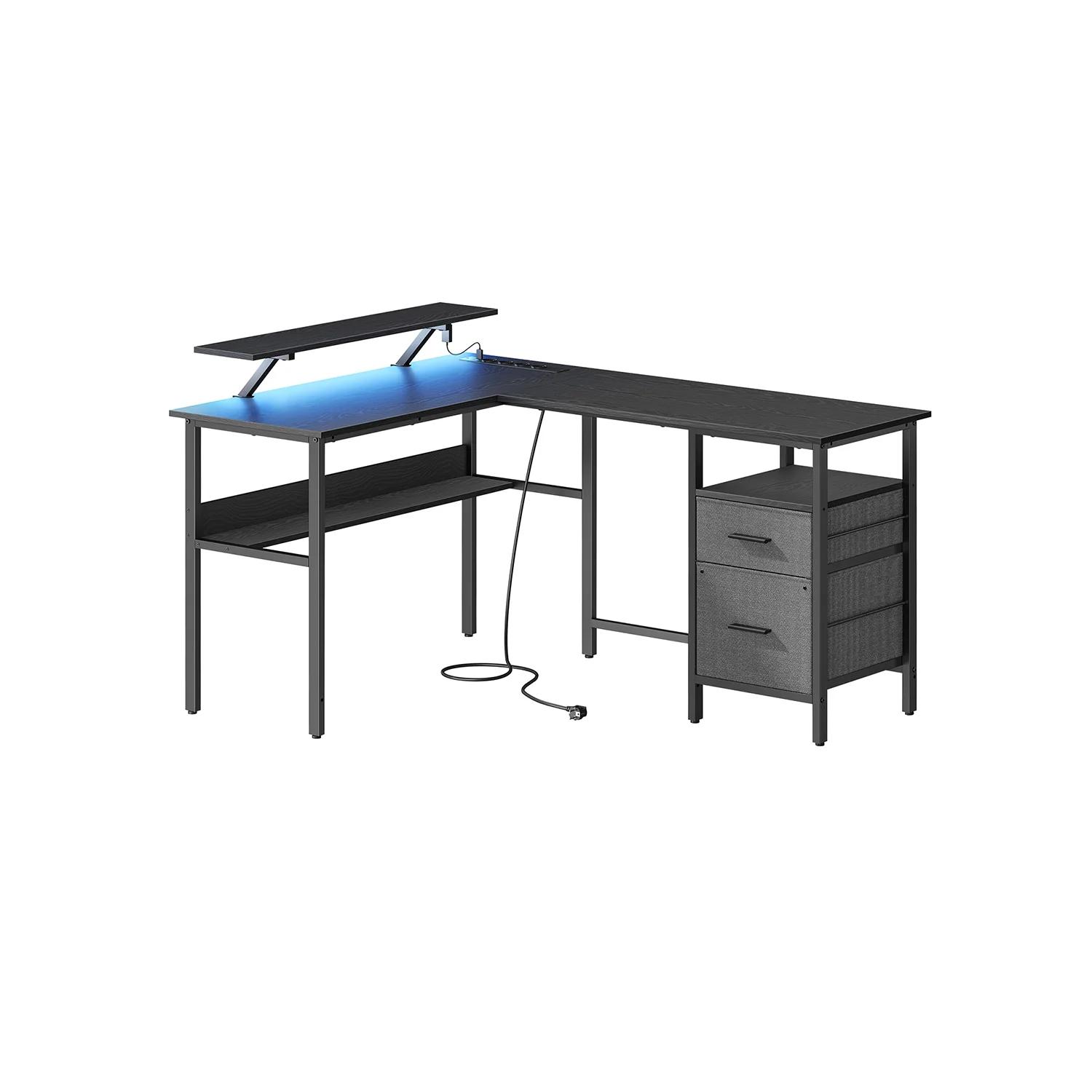 Bureau en L avec multiprise avec rehausseur d’écran