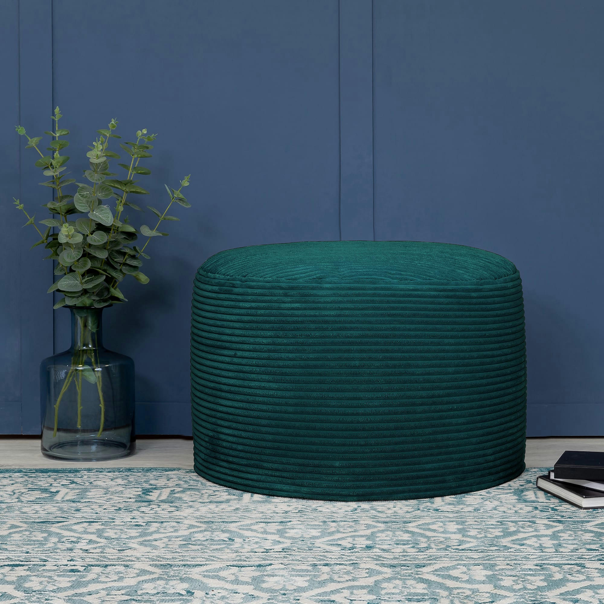 - Pouf velours côtelé bleu canard