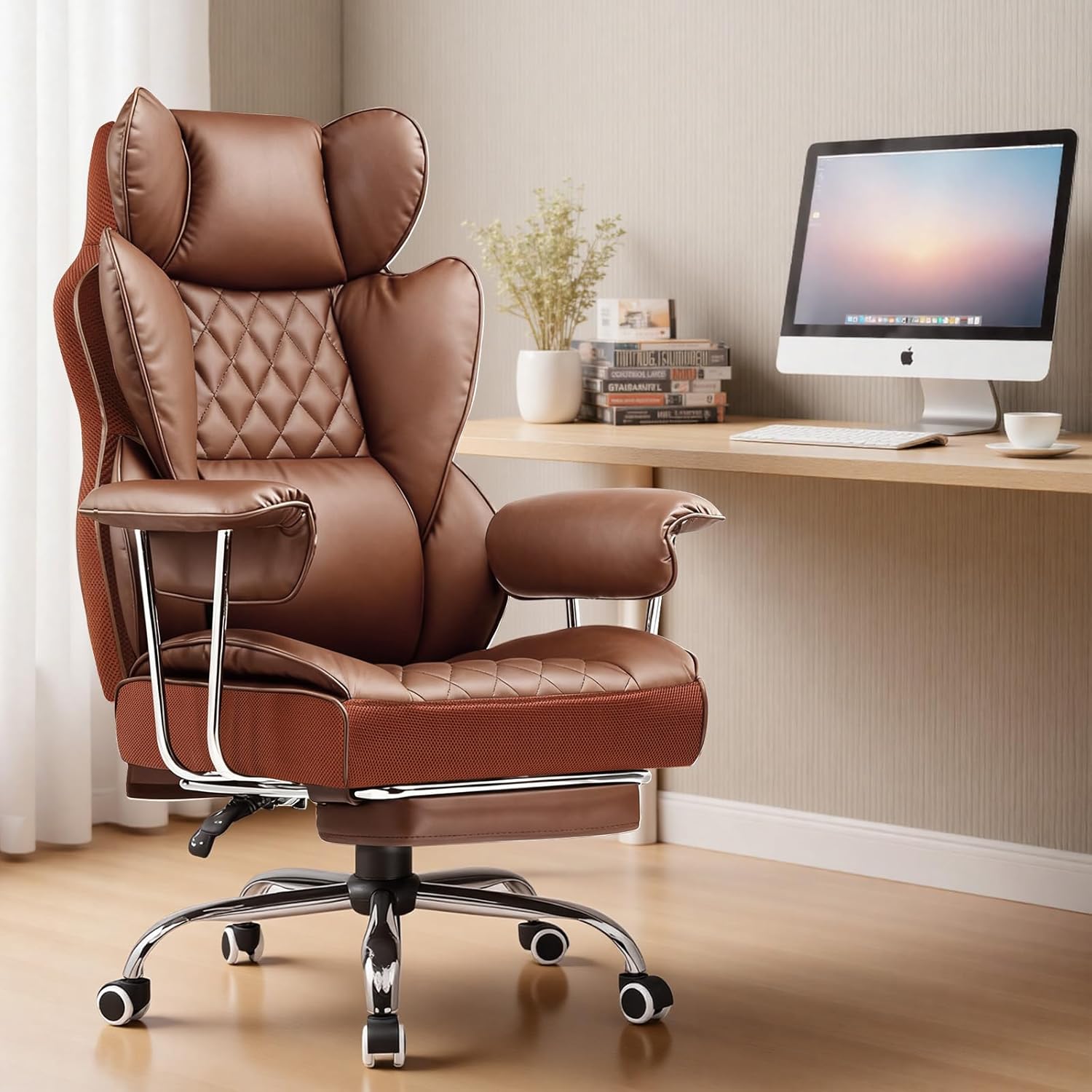 COMHOMA Big and Tall Office Chair, High Back Leather Gaming Chair with Footrest, Executive Ergonomic Office Chairs with Pocket Spring Lumbar Support and with Outward Fixed Soft Armrests