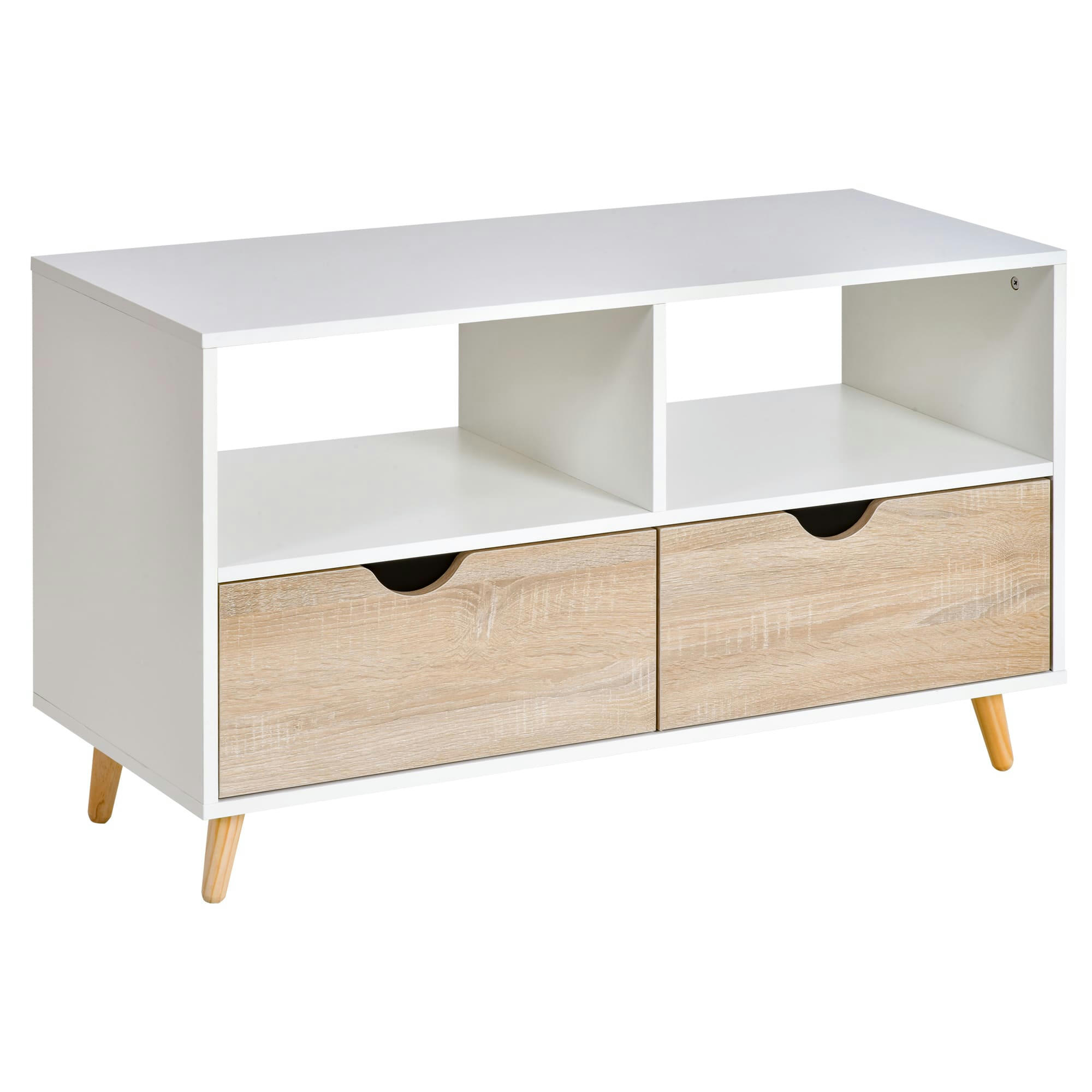 - Meuble TV bas sur pieds style scandinave 2 tiroirs chêne clair blanc