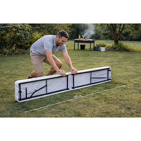 Banc de Jardin Pliable Blanc 180 x 28 x 43.5H cm Banc Exterieur Interieur Camping Réception KZ GARDEN