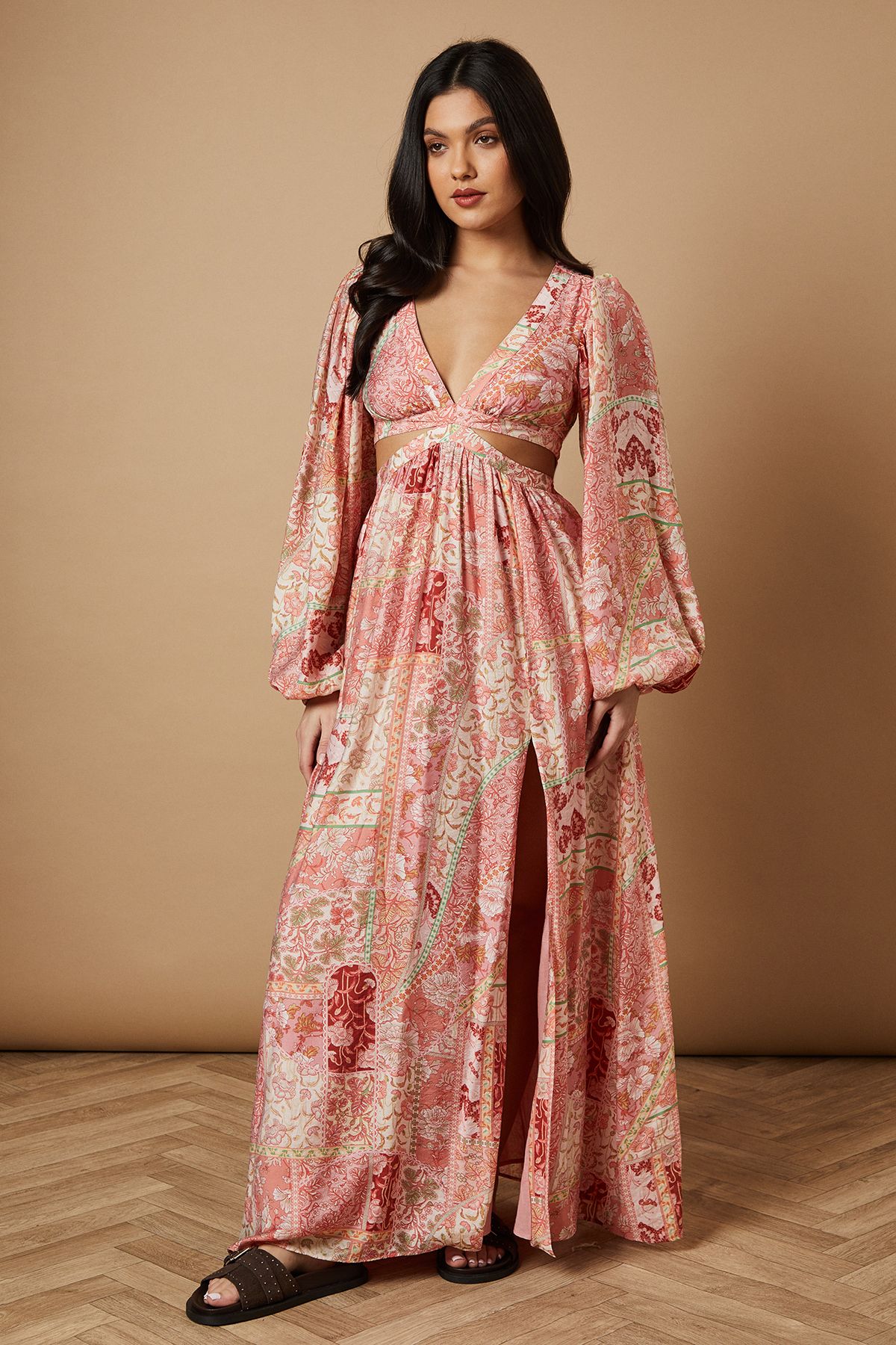 Oasis Printed Long Sleeve Cut Out Side Detail Maxi Dress