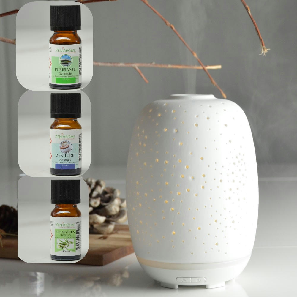 COFFRET - Diffuseur Ultrasonique Stella et 3 Huiles Spéciales Télé-Travail