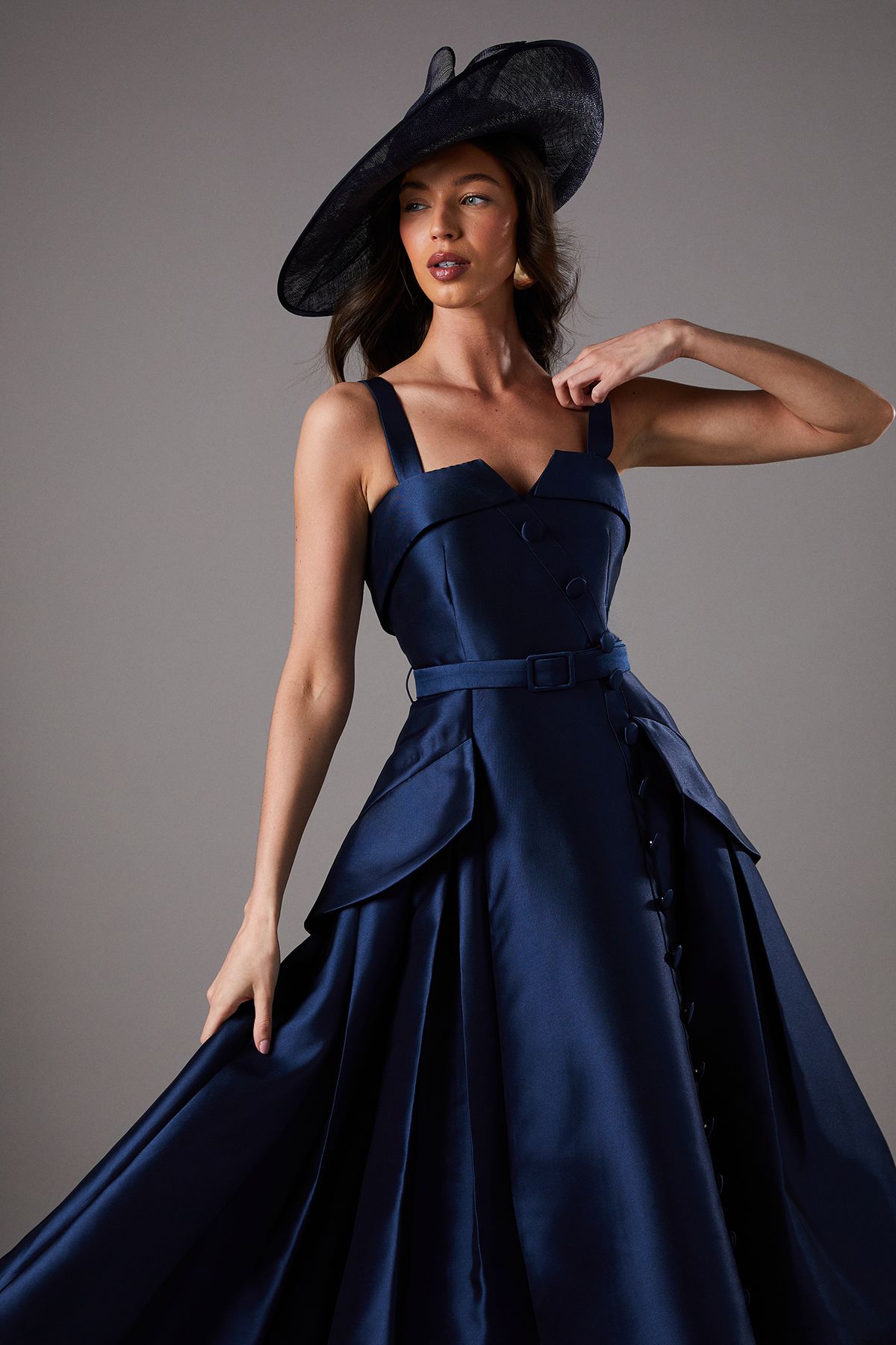 Coast Lisa Tan Twill Volume Belted Midi Dress