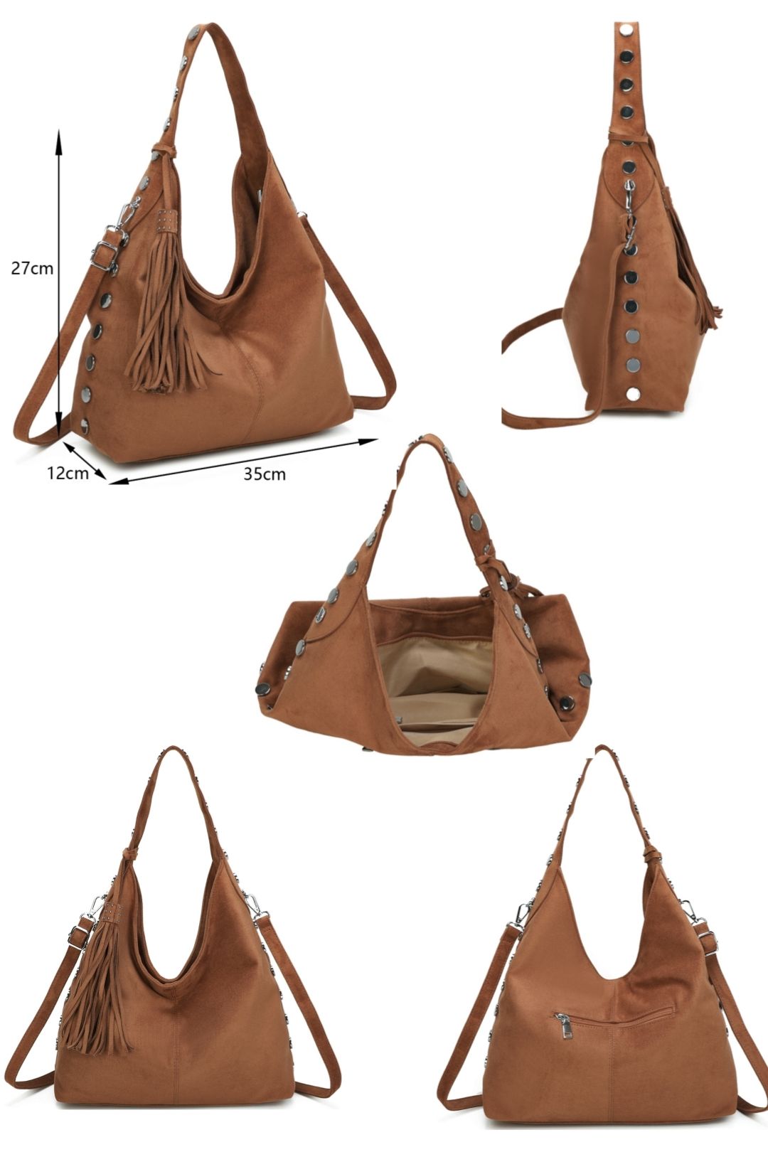 Fontanella Fashion Bella Studded Large Faux Suede Tassel Slouch Hobo Shoulder Bag