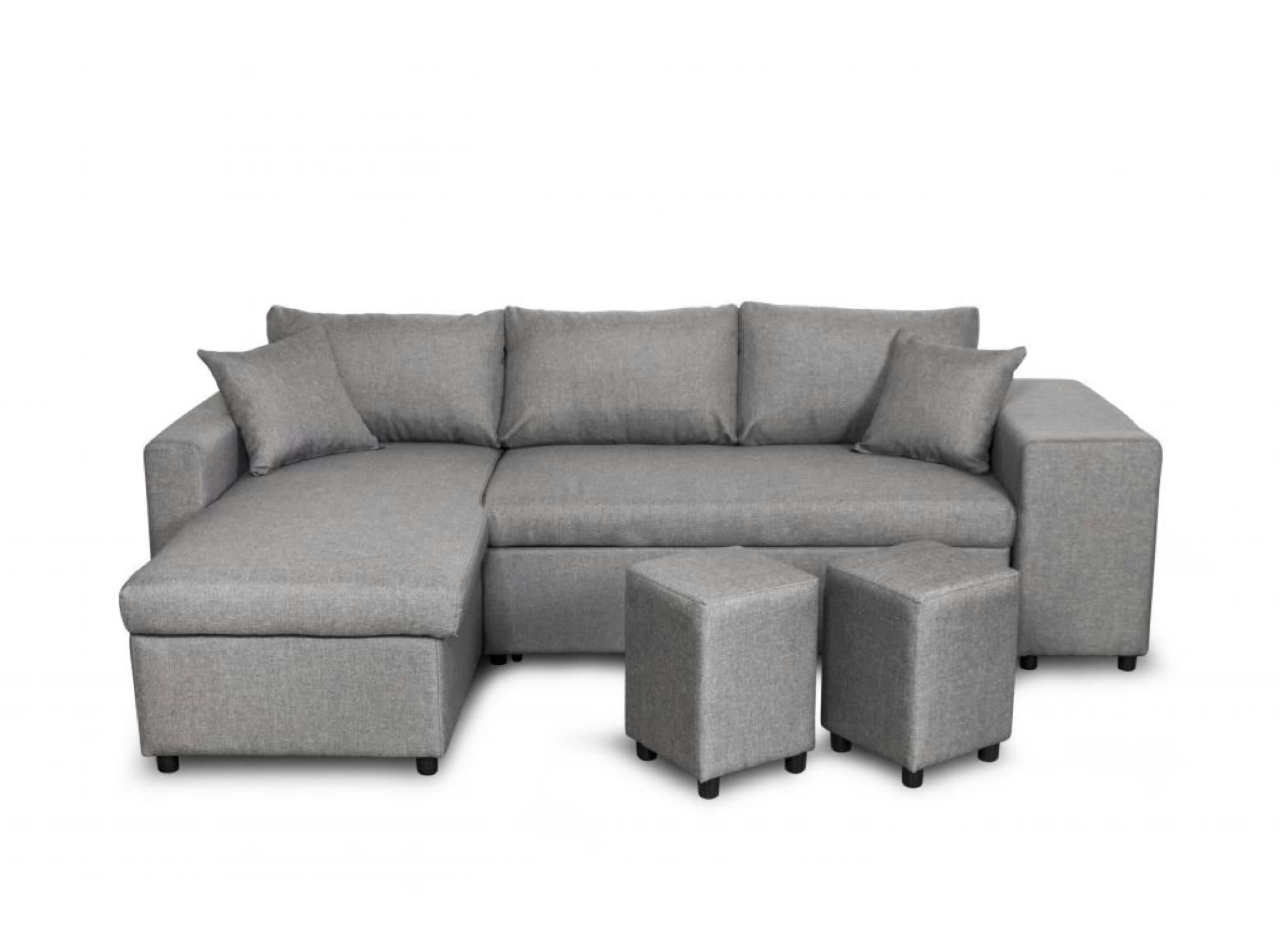OSLO - Canapé d'angle convertible gris clair avec rangement poufs à gauche