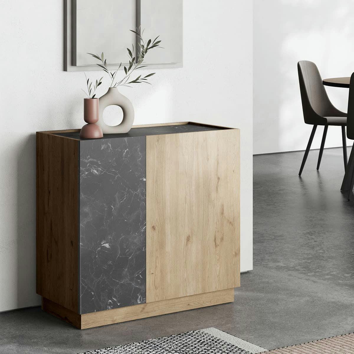 DILAN - Buffet 2 portes effet bois et marbre noir 80 cm