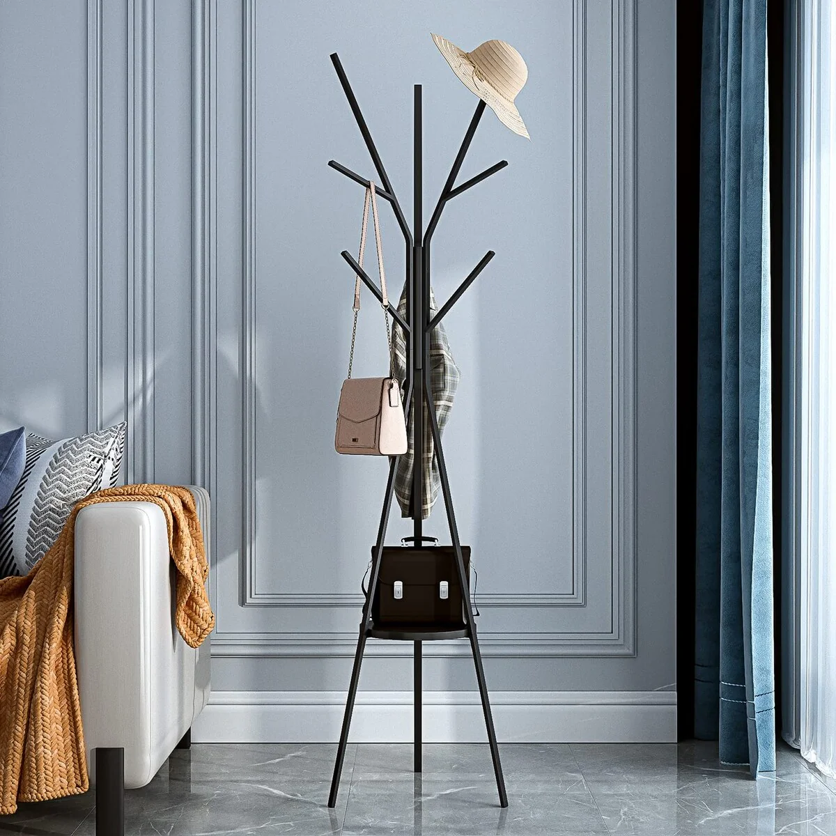 Metal Coat Rack Tree - 71 inches Tall Floor Standing Clothing Hanger with Wooden Shelf and 9 Hooks