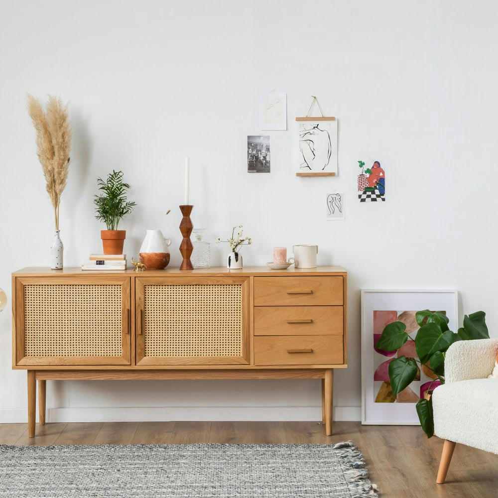 HOGARN - Buffet design 2 portes 3 tiroirs bois et cannage L170cm bois clair