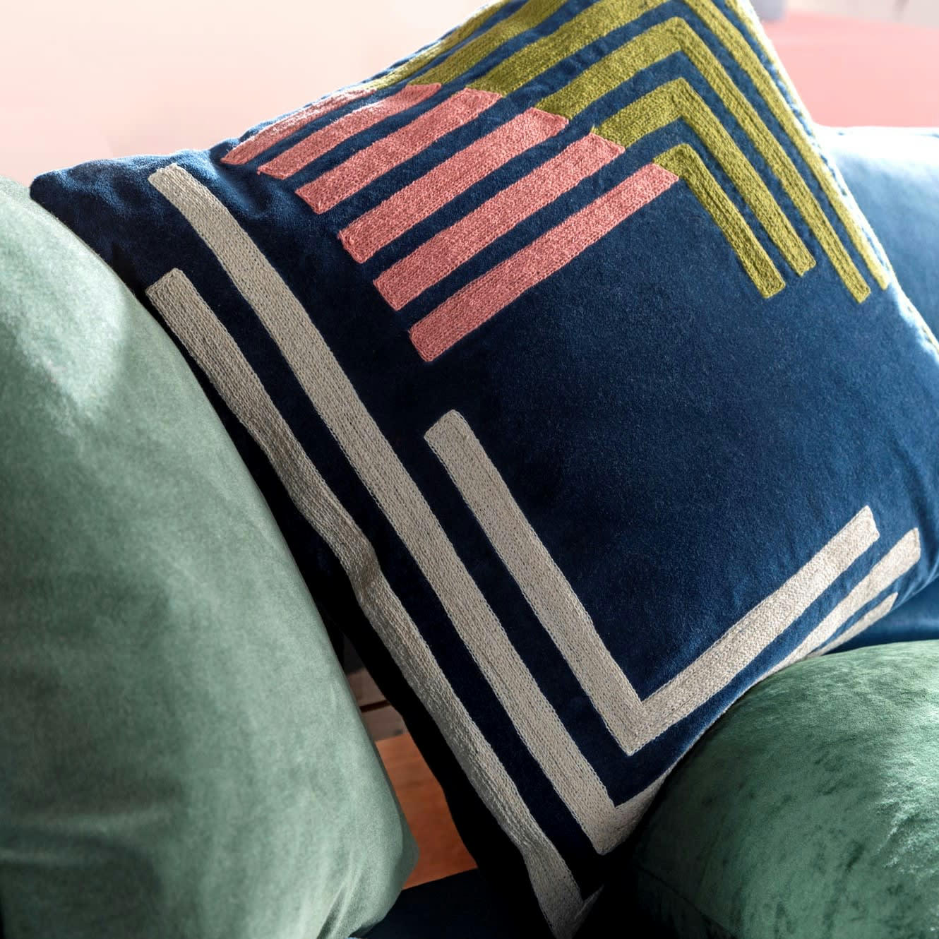 - Housse de coussin bleu en velours-45x45 cm avec imprimé rétro