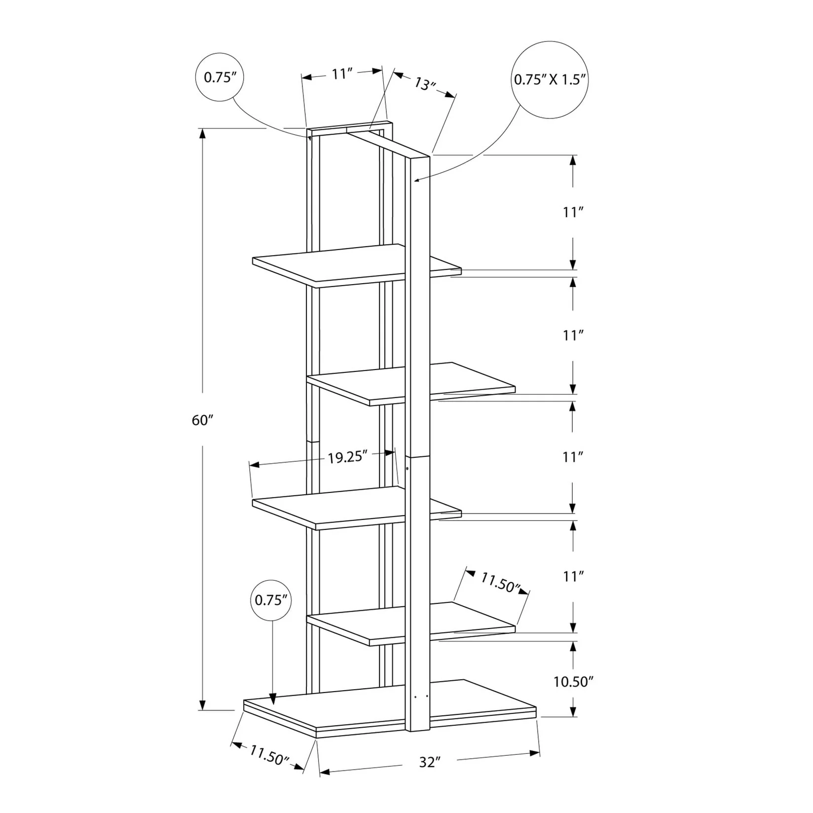 Bookshelf, Bookcase, Etagere, 5 Tier, 60h, Office, Bedroom, Laminate, Metal, Contemporary, Modern