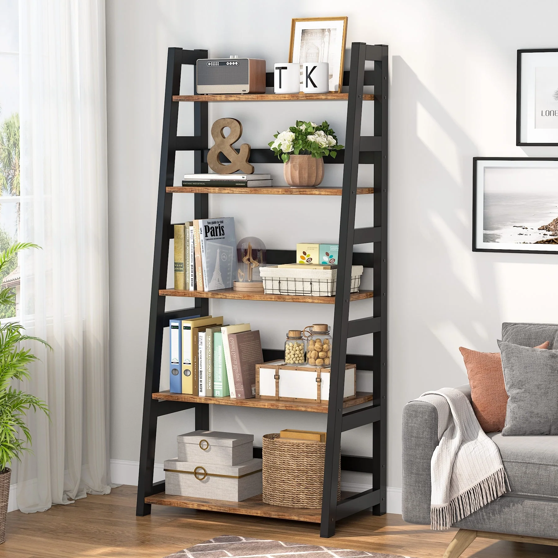 5-Tier Bookshelf, Industrial Tall Book Shelf Ladder Shelf Bookcase