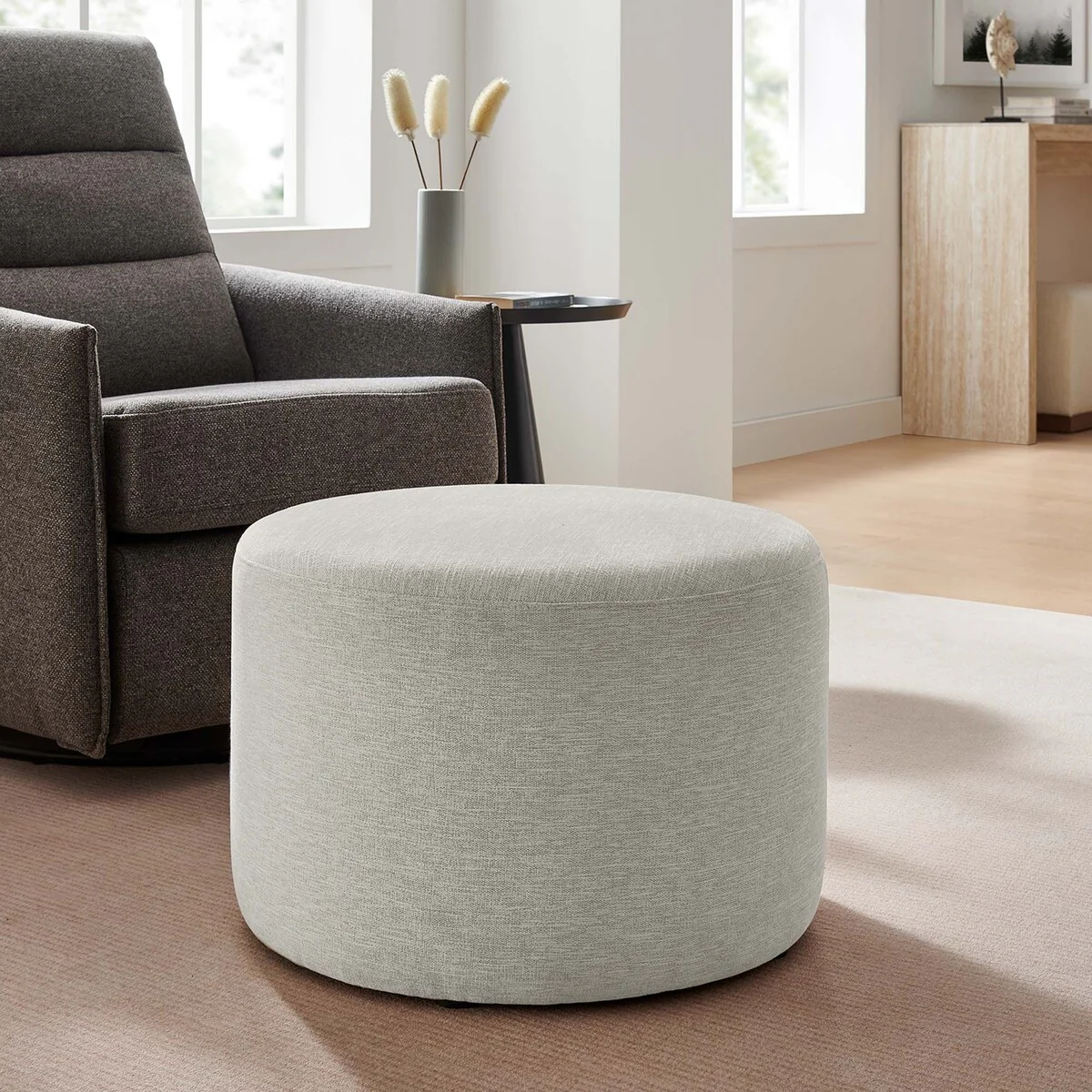 Callum 16/23/29/38 Round Woven Heathered Fabric Upholstered Ottoman