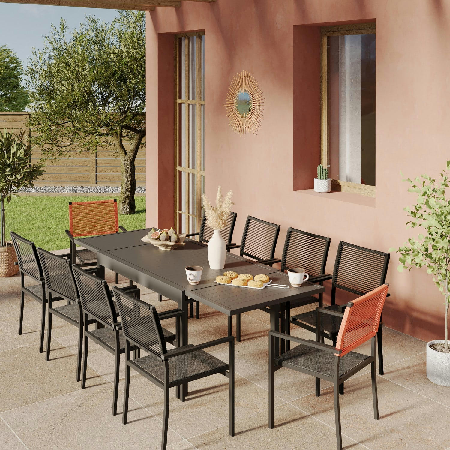 YERAZ - Ensemble de jardin 10 personnes extensible aluminium anthracite orange