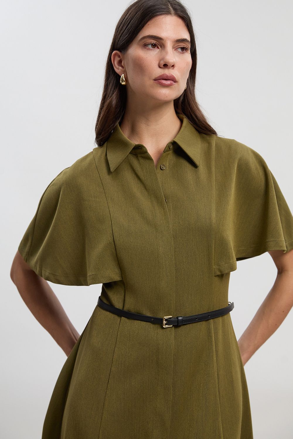 KarenMillen Twill Cape Sleeved Belted Shirt Woven Midi Dress