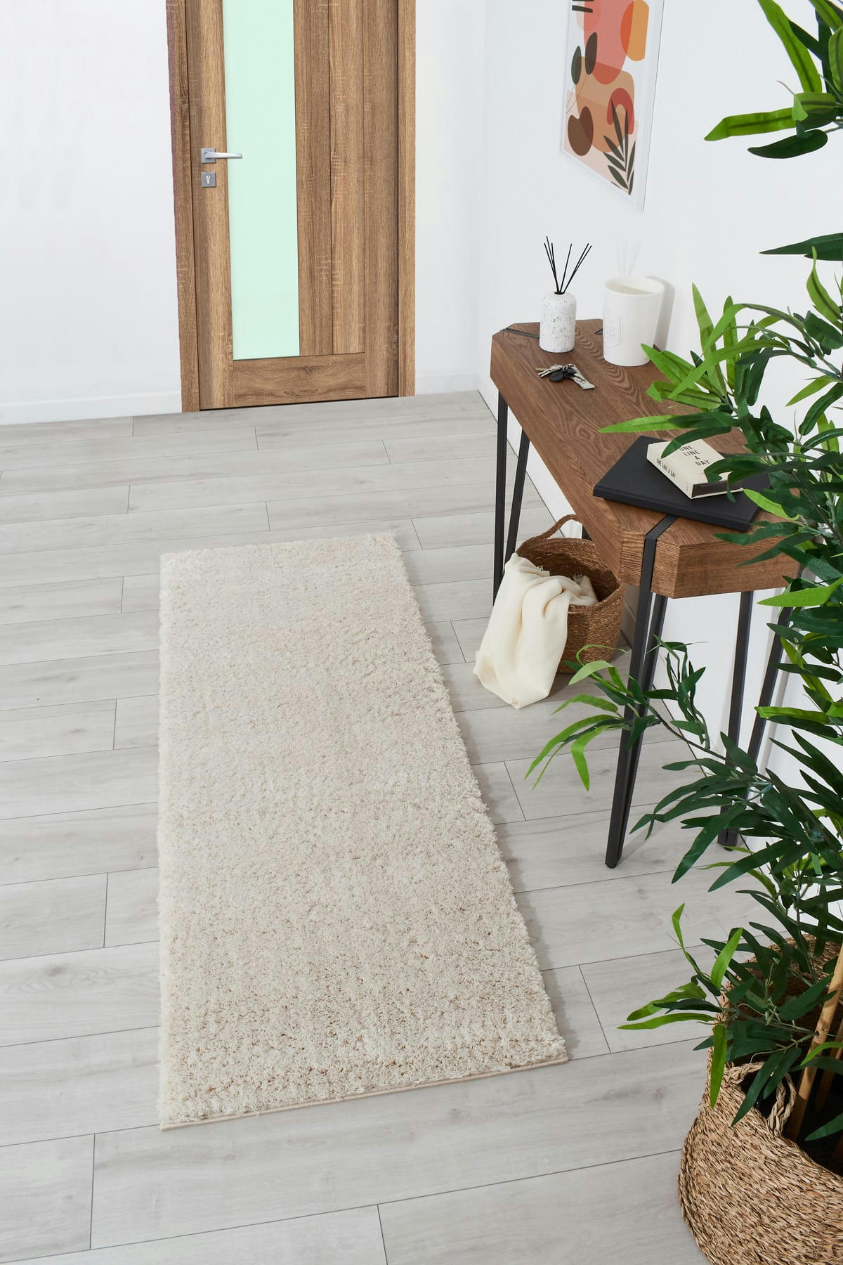 COSY - Tapis en polyester brillant motif uni crème 67x180