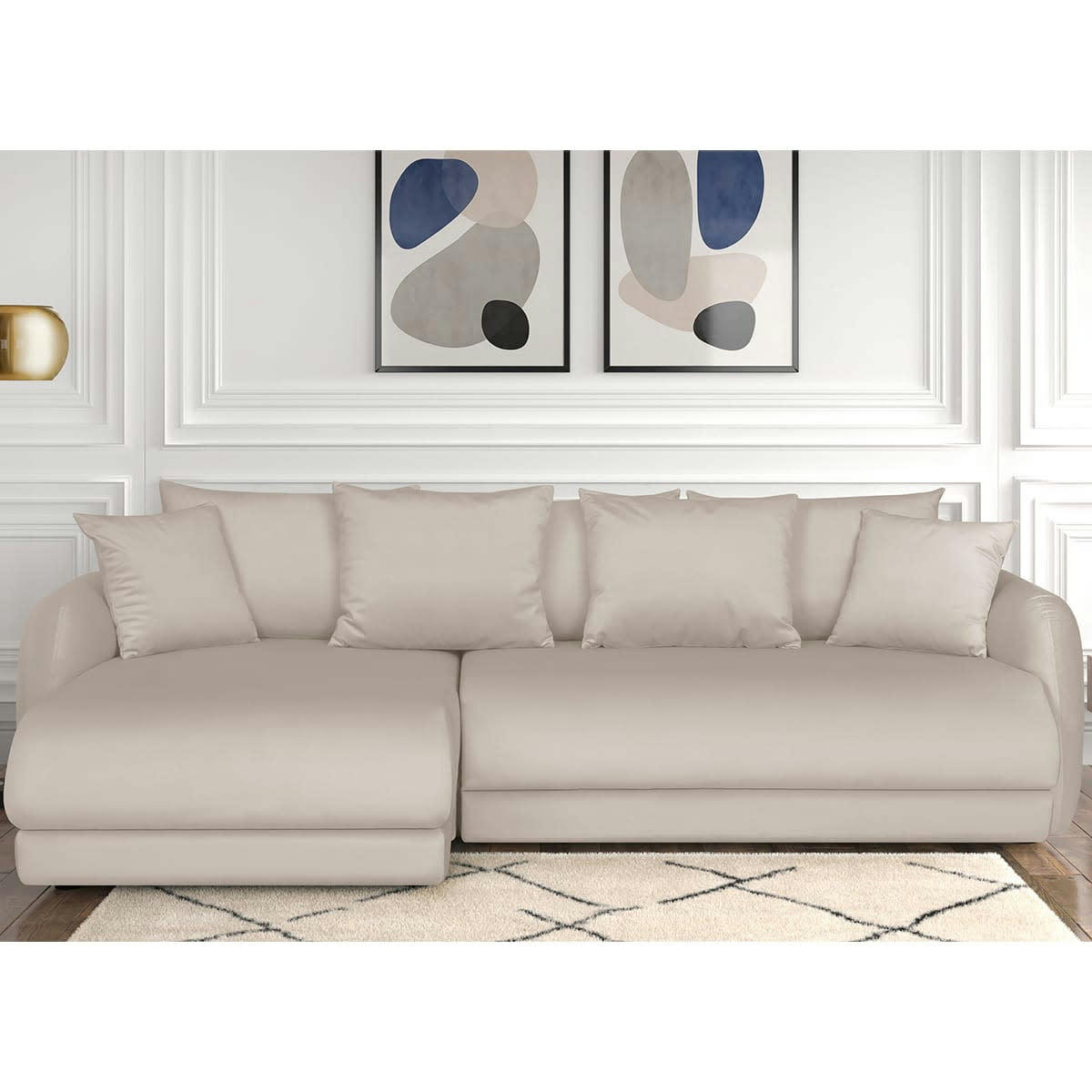 GIULIA - Canapé d'angle gauche 5 places convertible + coffre, velours crème