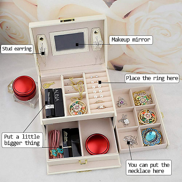 Boîte à bijoux, boîte à bijoux, boîte de rangement pour montres et cosmétiques (blanche)