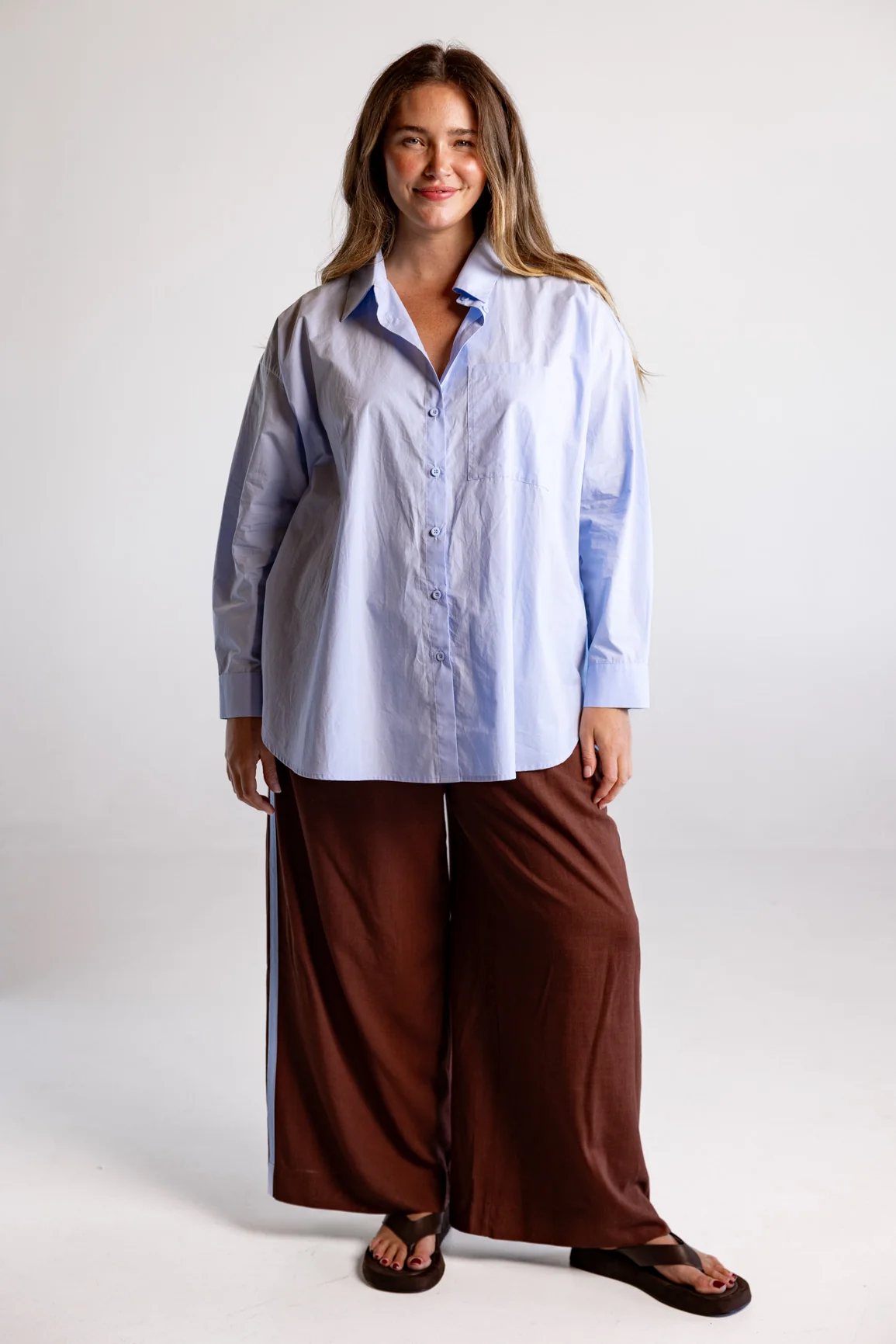 Side Stripe Linen Blend Pants in Dark Chocolate & Baby Blue