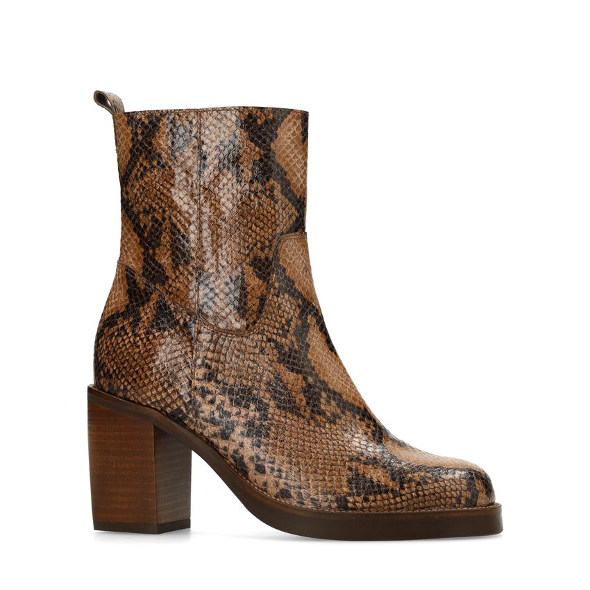 Manfield Taupe leren snakeprint enkellaarsjes met hak