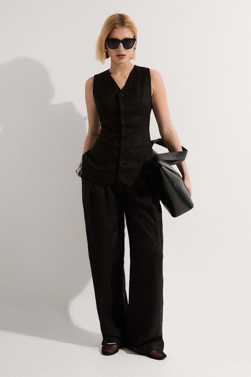 KarenMillen Viscose Linen Woven Longline Waistcoat