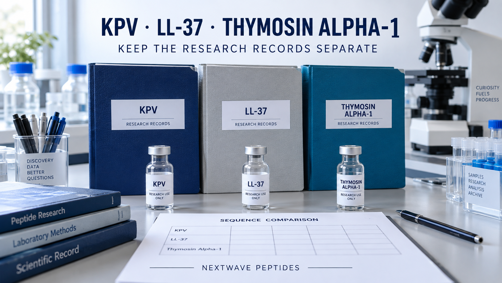 NextWave Peptides laboratory editorial cover for KPV, LL-37, and Thymosin Alpha-1: Keep Immune-Related Peptide Records Separate.