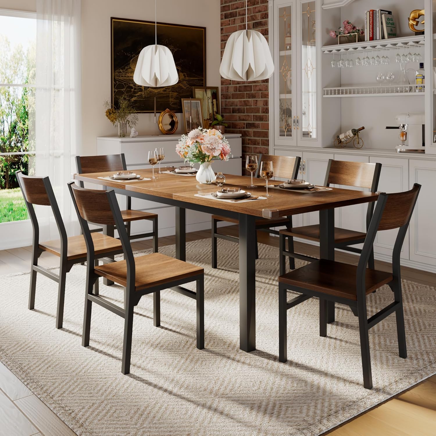 iPormis 7-Piece Dining Table Set with 6 Chairs, 63 Extendable Kitchen Table & Chairs Set for 4-6, Dining RoomTable with Solid Metal Frame & MDF Board, Perfect for Small Space, Easy Assembly, Walnut