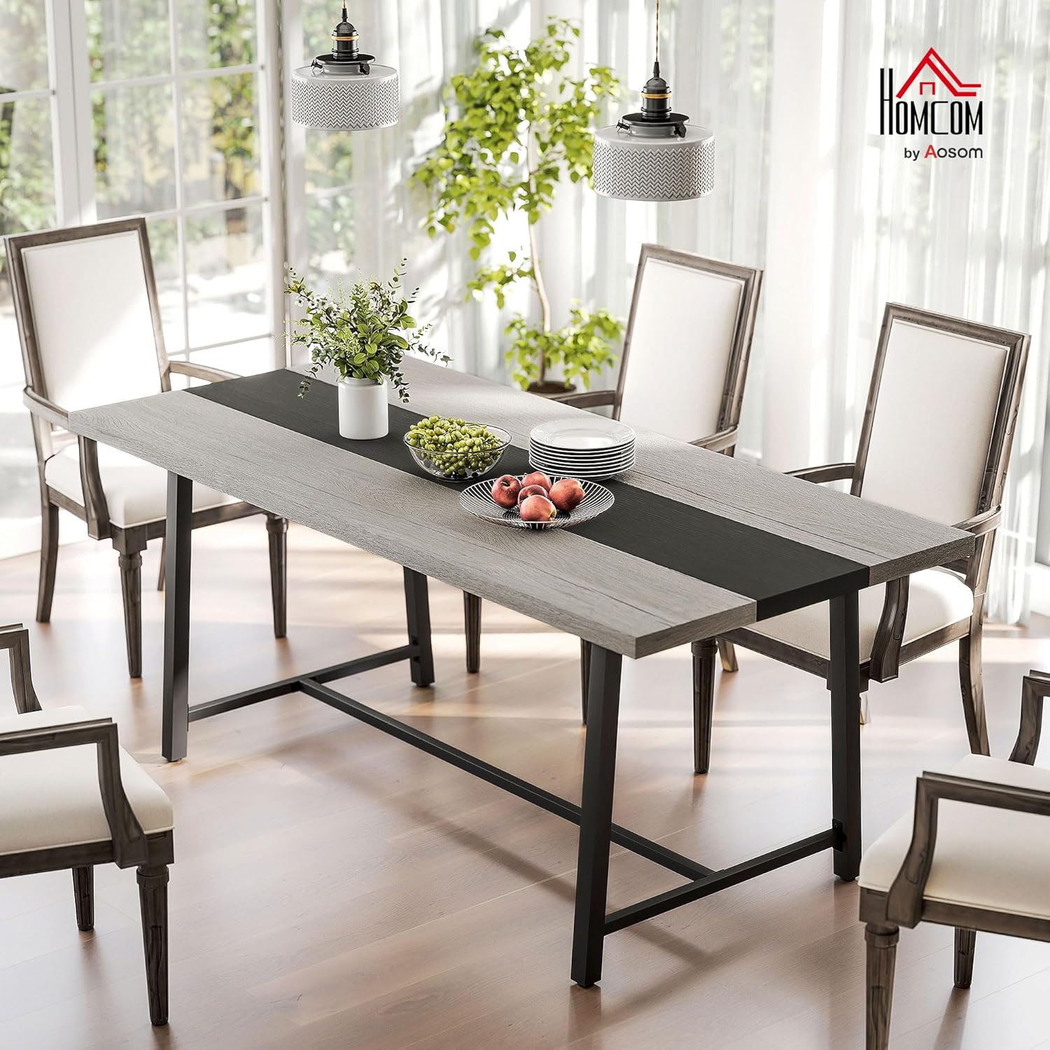 HOMCOM Industrial Dining Table for 8 People, 70.9 Long Rectangular Kitchen Table with Large Tabletop and Steel Legs for Dining Room, Distressed Gray