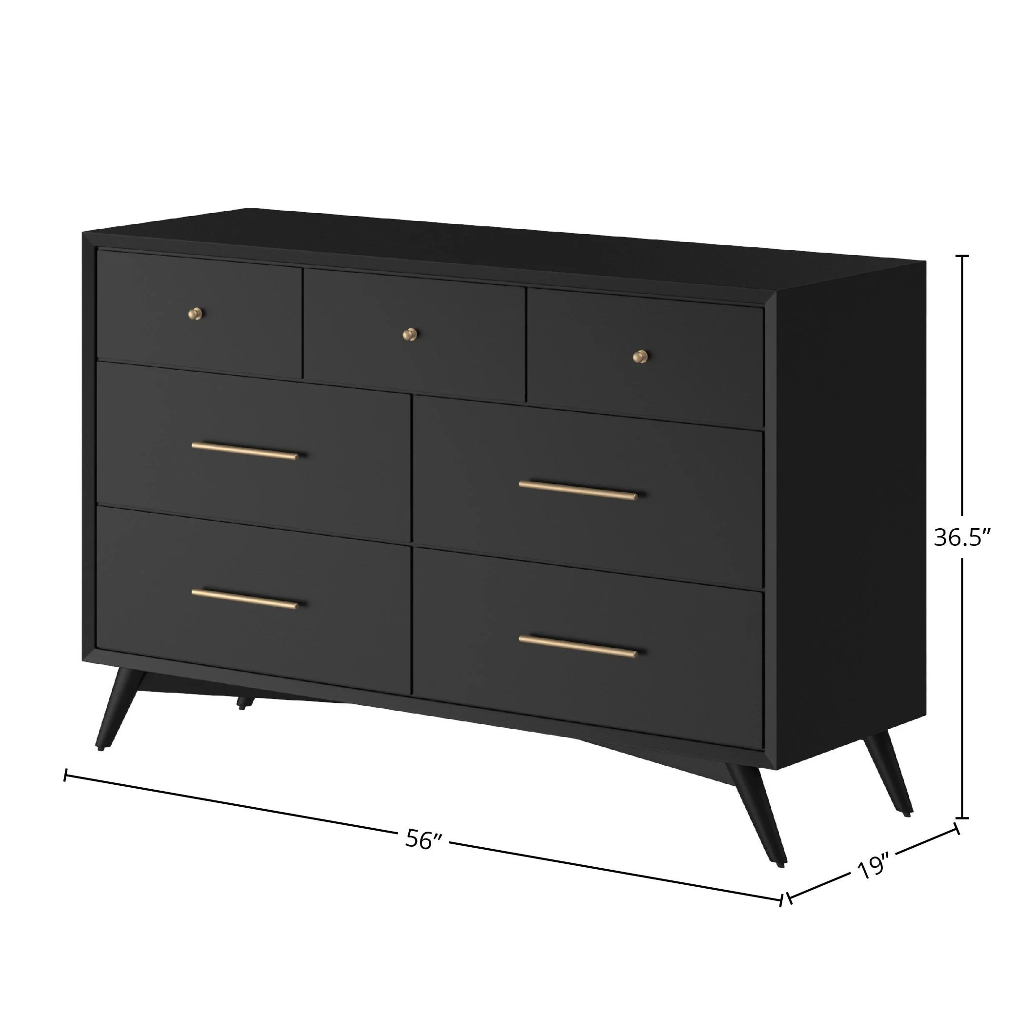 Alpine Furniture Flynn Mid Century Modern 7 Drawer Dresser, Black