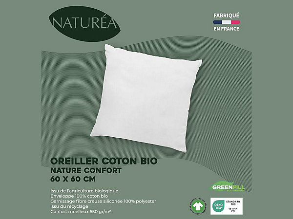 Lot de 2 oreillers en coton bio 60 x 60 cm de NATUREA - 550gr/m2- Blanc - NATURE CONFORT