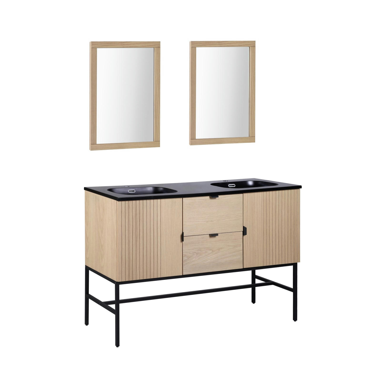 STUDIO - Meuble double vasque 140cm chêne STUDIO sur pieds + miroir carré