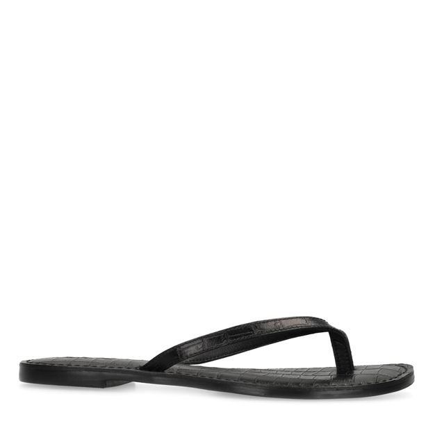 Zwarte leren croco teenslippers