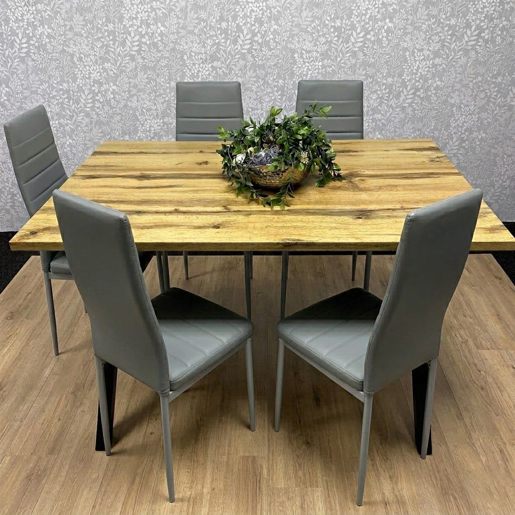 KOSY KOALA Wooden Dining Table with 4 Grey Leather Chairs - Dining Kitchen Room Furniture
