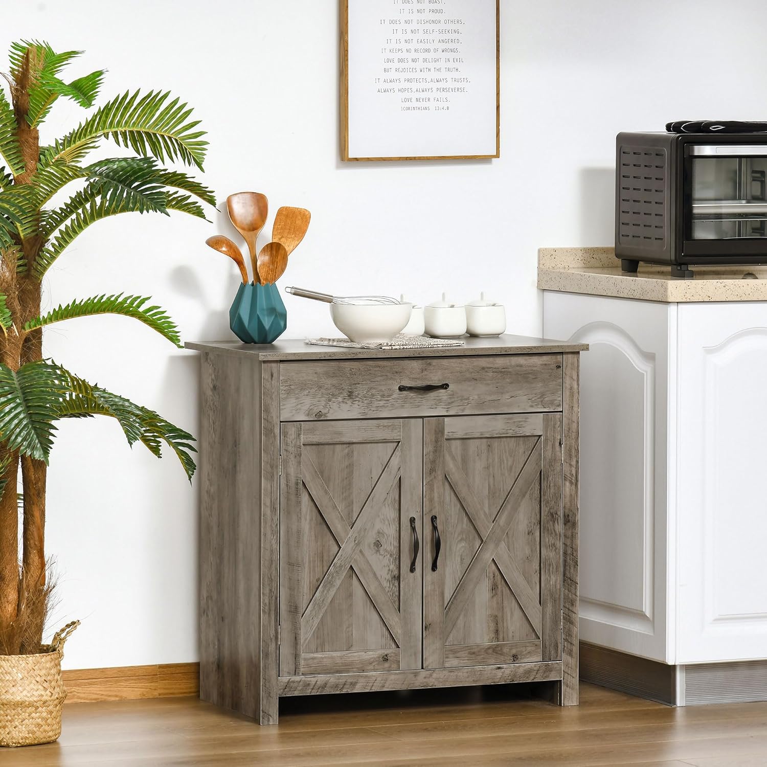 HOMCOM Farmhouse Sideboard Buffet Cabinet, Barn Door Coffee Bar Cabinet with Drawer and Adjustable Shelf for Kitchen, Living Room, Entryway, Gray