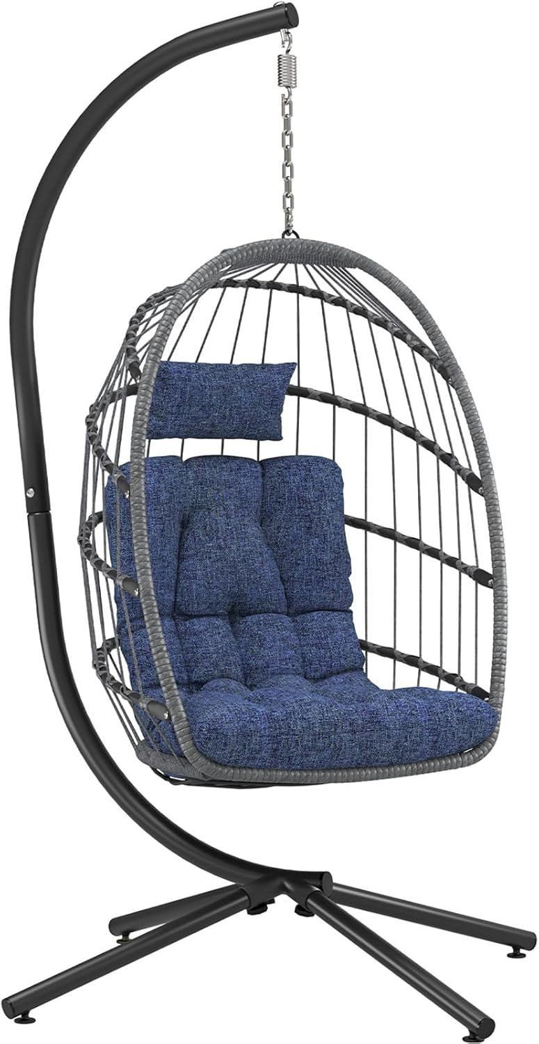 LEYCAY Hanging Egg Chair with Stand, Outdoor Indoor Swing Egg Chair with Cushion, Wicker Hammock for Patio, Bedroom 350 LBS Capacity-Dark Blue
