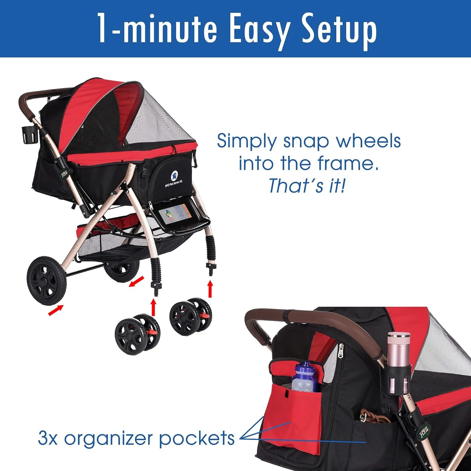 Pet Rover Premium Heavy Duty DogCat Stroller Travel Carriage CompartmentZipperless EntryPump-Free Rubber Tires Small, Medium, Large Pets (Black 2nd-Gen.), X-Large (Pack of 1)(Stone Gray)