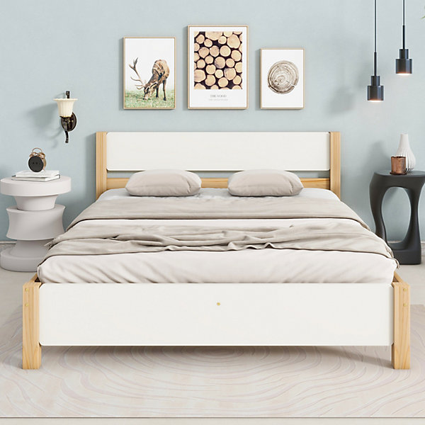 Lit adulte double en bois - cadre en pin avec tête de lit et sommier à lattes lit en MDF blanc   naturel - 140x200 cm
