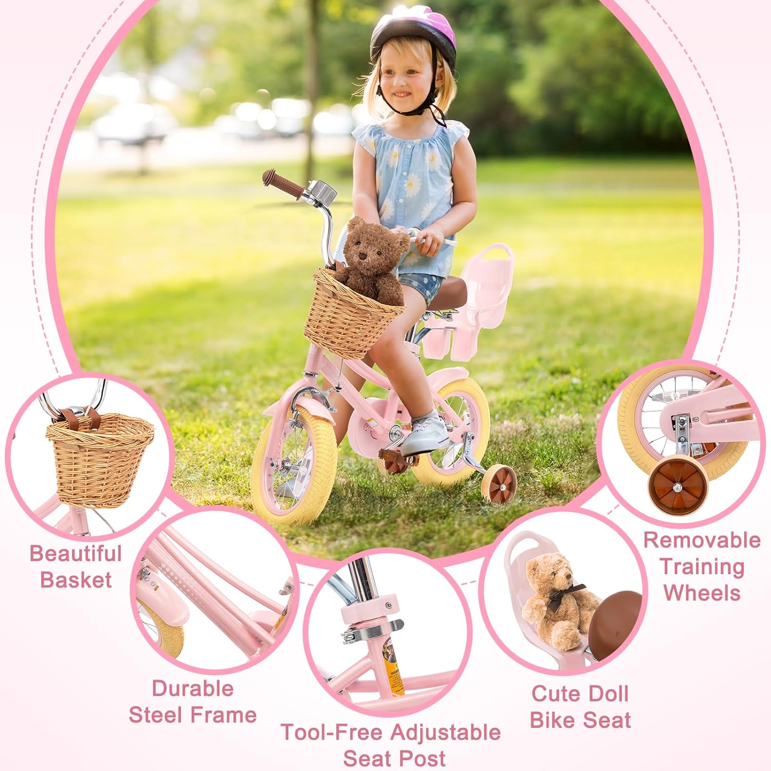 Glaf Kids Toddler Bike 12 14 16 20 Inch Girls Bike with Training Wheels Age 2-12 Years Old Toddler Girls Bike with Basket and Doll Seat Adjustable Seat