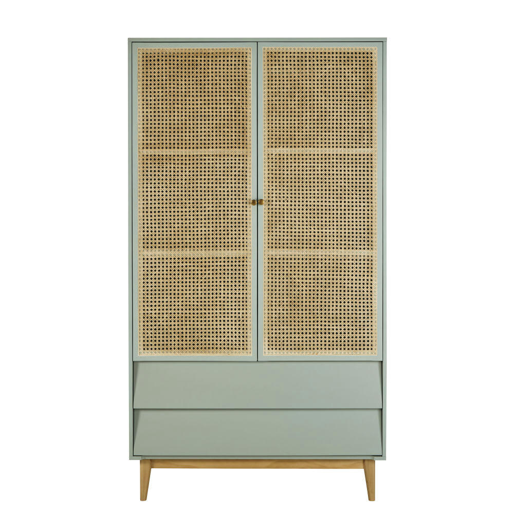 Suzelle - Armoire 2 portes 2 tiroirs bleu gris cannage en rotin